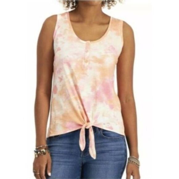 Style & Co Henley Tank Top Large Women's Coral Pink White Tie Dye Sleeveless‎ - Picture 4 of 5